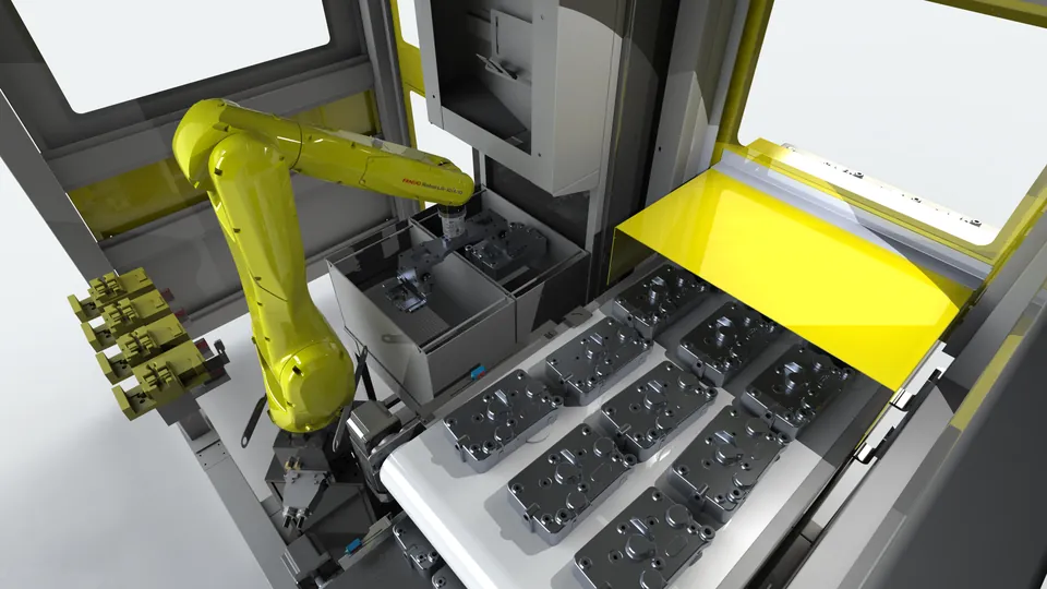 Inside the M10L: robot, drawer conveyor and positioner