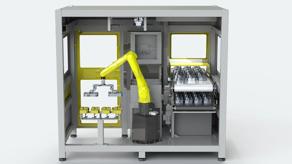 M10L layout: the robot between conveyors and machine