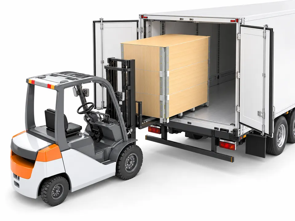 The crated cell goes onto the truck by forklift